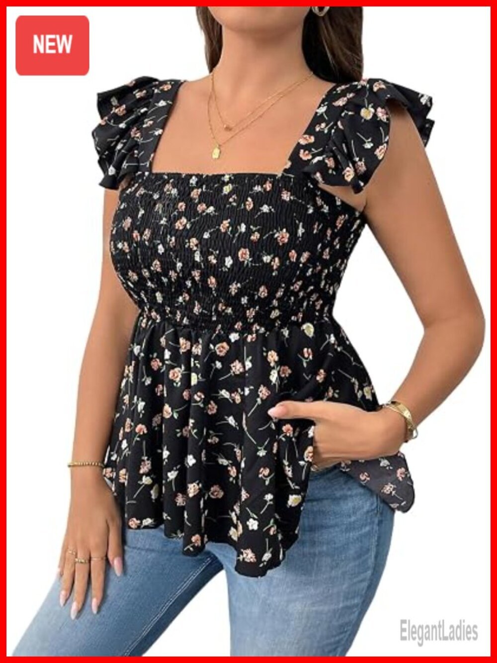 Plus Size Floral Peplum Babydoll Top Ruffle Square Neck Sleeveless Boho Tank